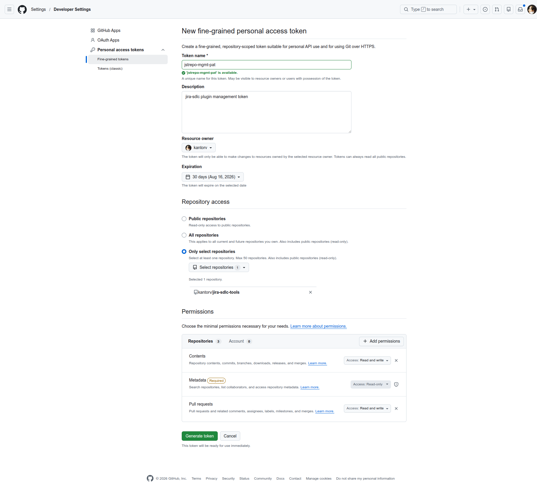 Fine-grained PAT creation view with Only-select-repositories and the Contents + Pull requests read/write permissions selected
