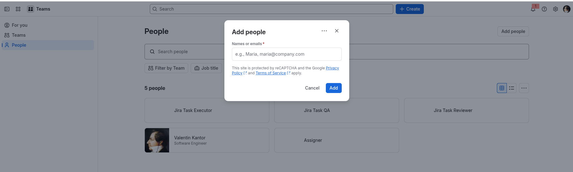 The People page in Atlassian Teams with the Add people dialog open