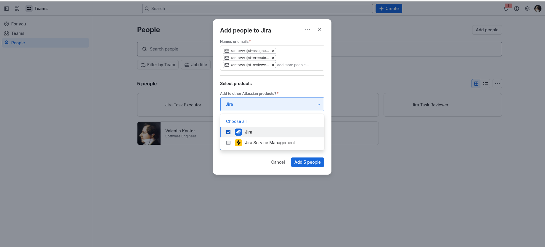 The Add people to Jira dialog with three plus-addressed emails entered and Jira selected as the product