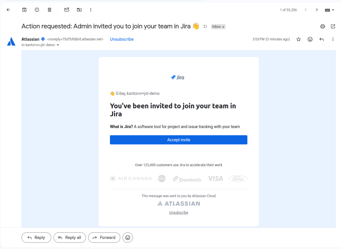 Three Jira invitation emails in the inbox, one per role