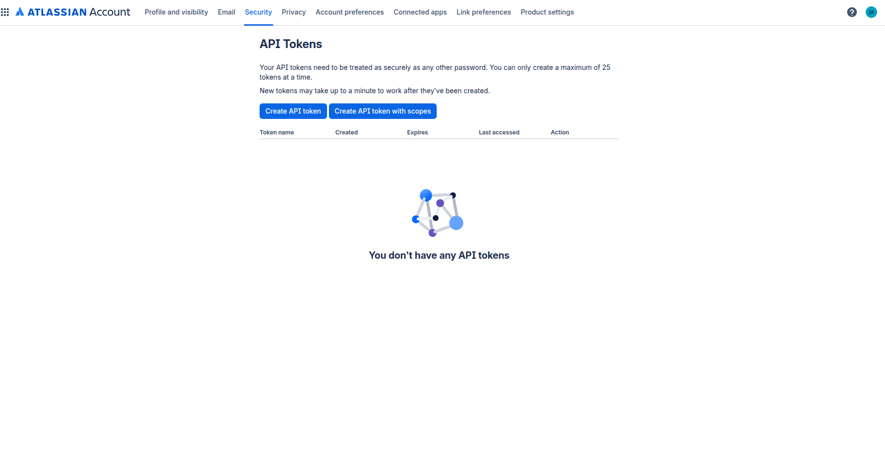 The API tokens screen
