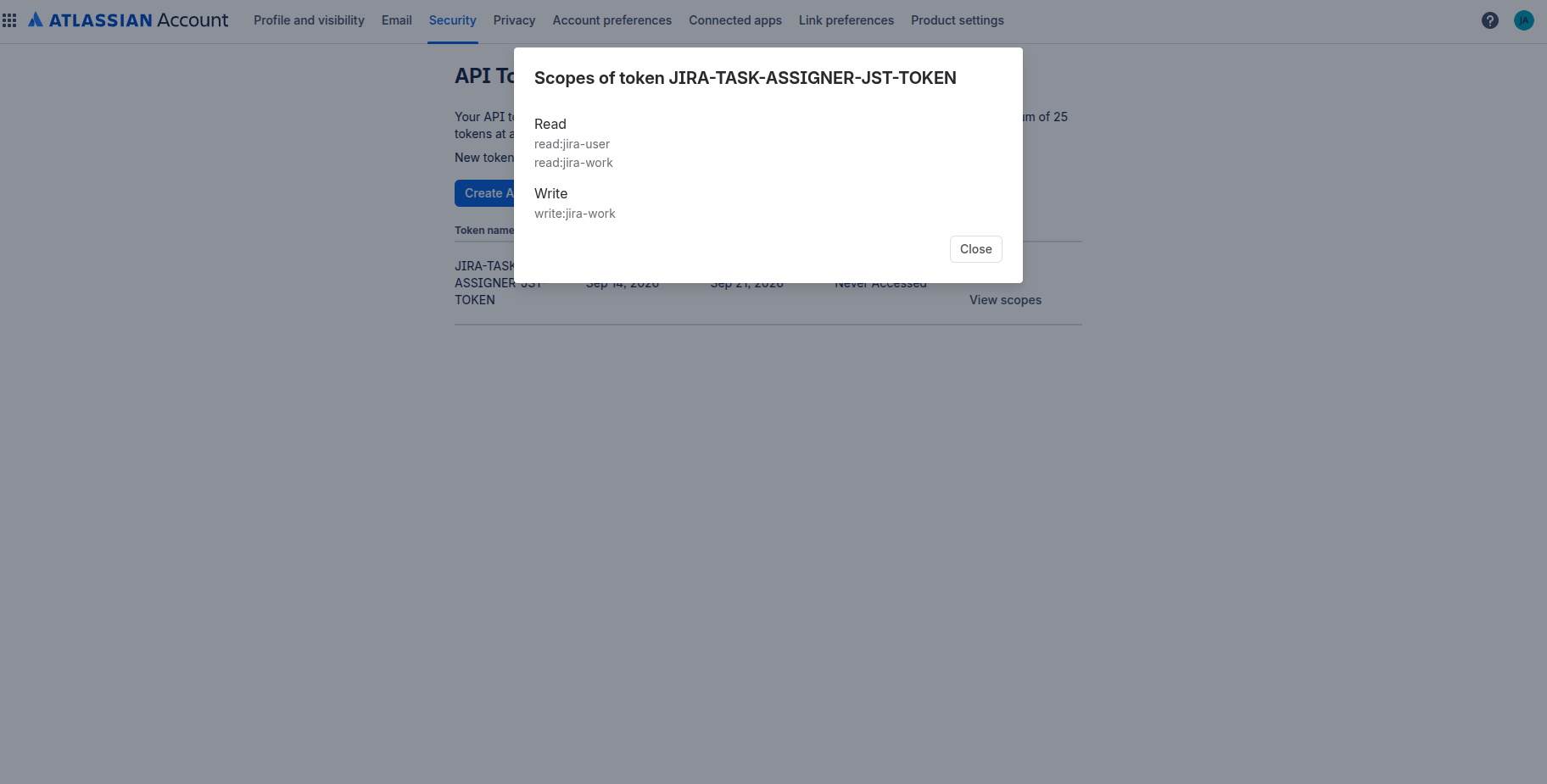 The token's details listing its three scopes