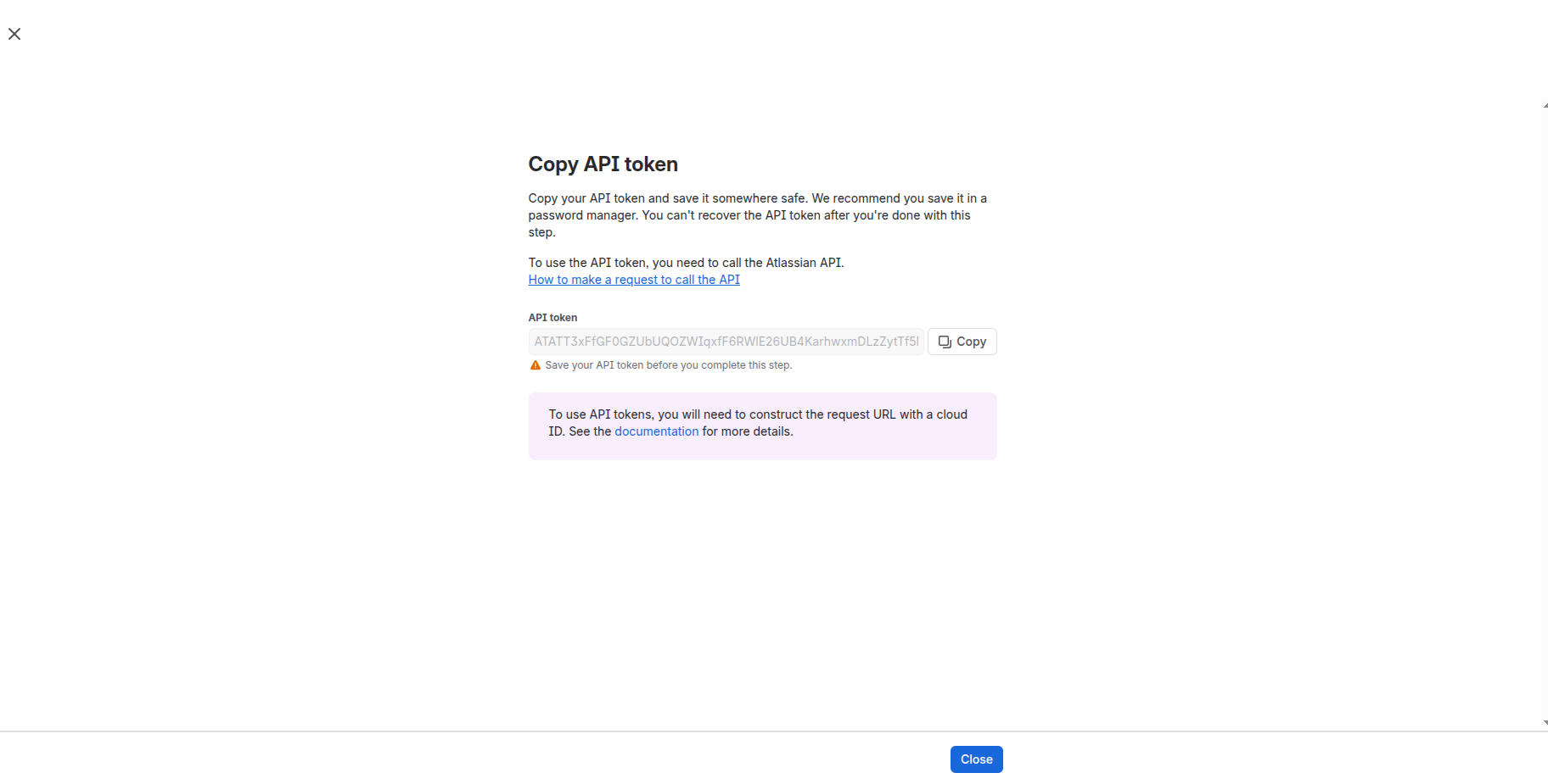 The created token with its copy button