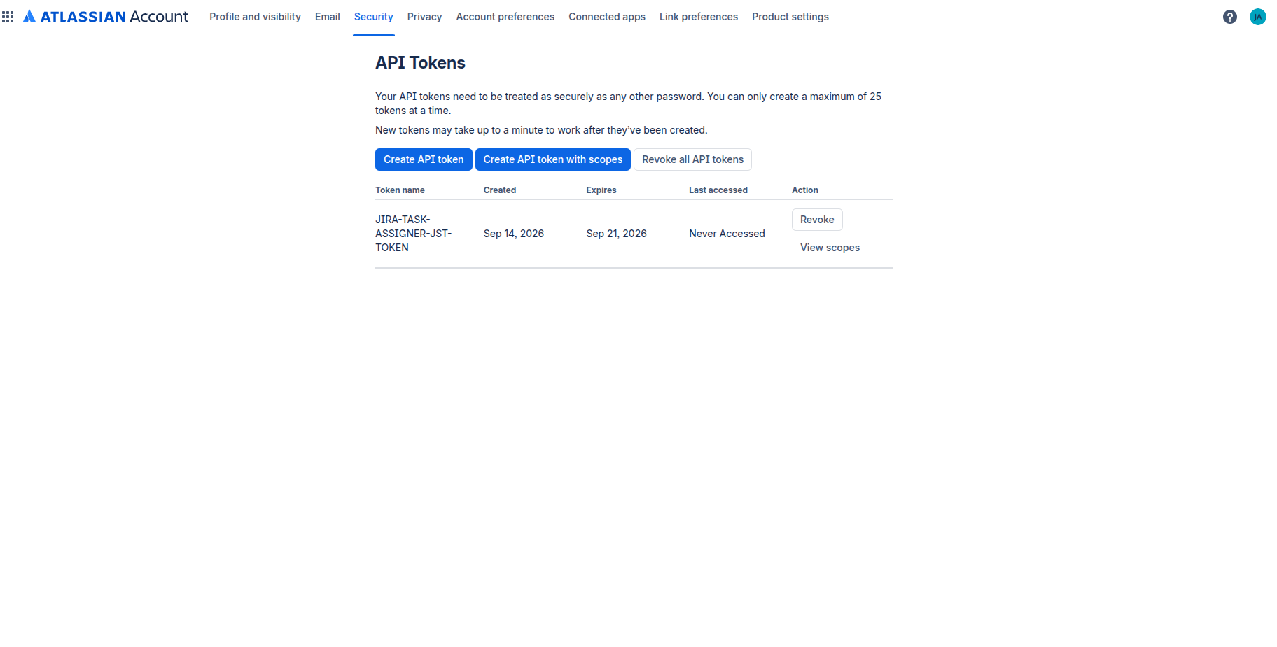 The API tokens list showing the newly created token
