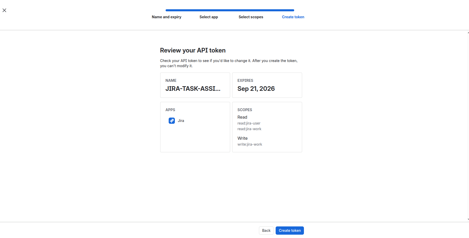 The review screen listing the three selected scopes