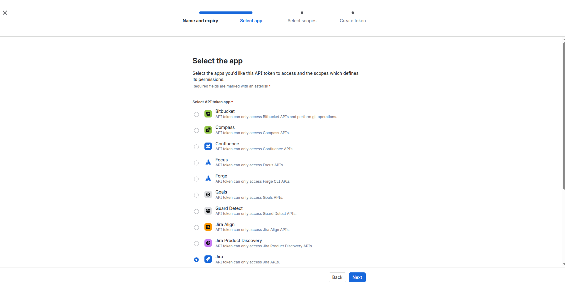 The app selection screen with Jira selected